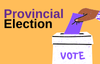 Provincial election. A hand putting a purple ballot in a white box labelled VOTE.