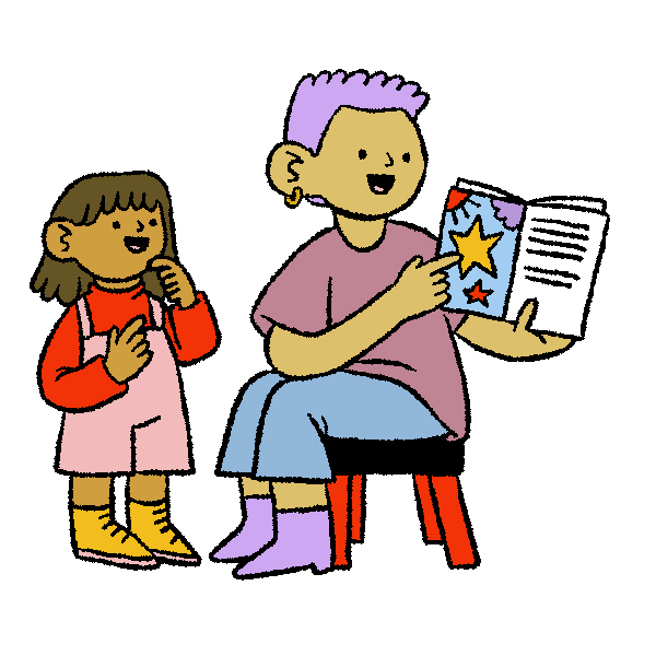 Adult with short purple hair sitting on a stool, reading to a small child with longer brown hair.