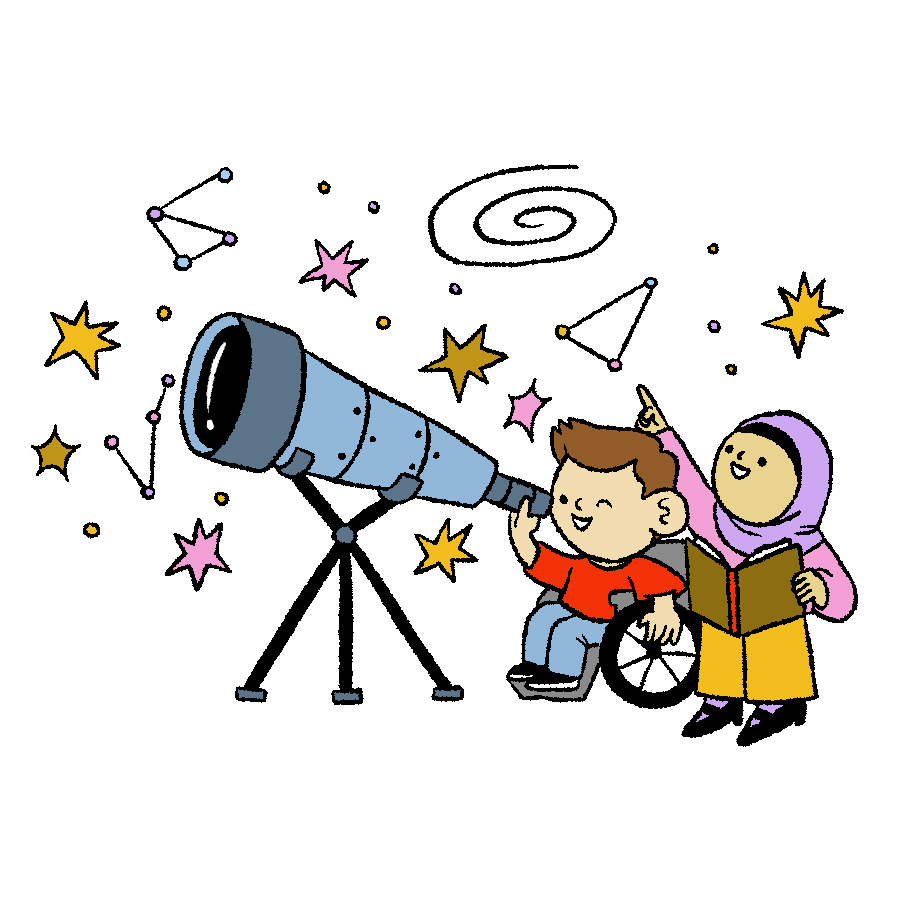 Child in a wheelchair, looking at stars through a telescope. Another child in a hijab, holding a book, points out constellations. 