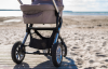 A baby stroller parked on a boardwalk, overlooking a shoreline.